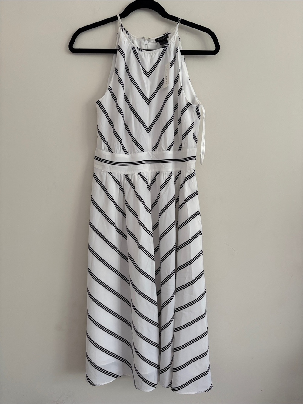 Ann Taylor Striped White & Black Halter Midi Dress
